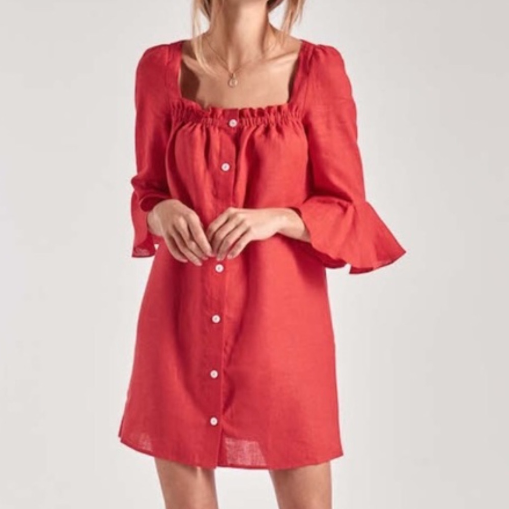 SLEEPER Jane Red Linen mini dress EUC Ruffle XS